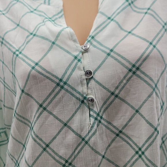 Kim Rogers Green & White Plaid Button-Front Blouse With 3/4 Sleeves - Picture 5 of 15